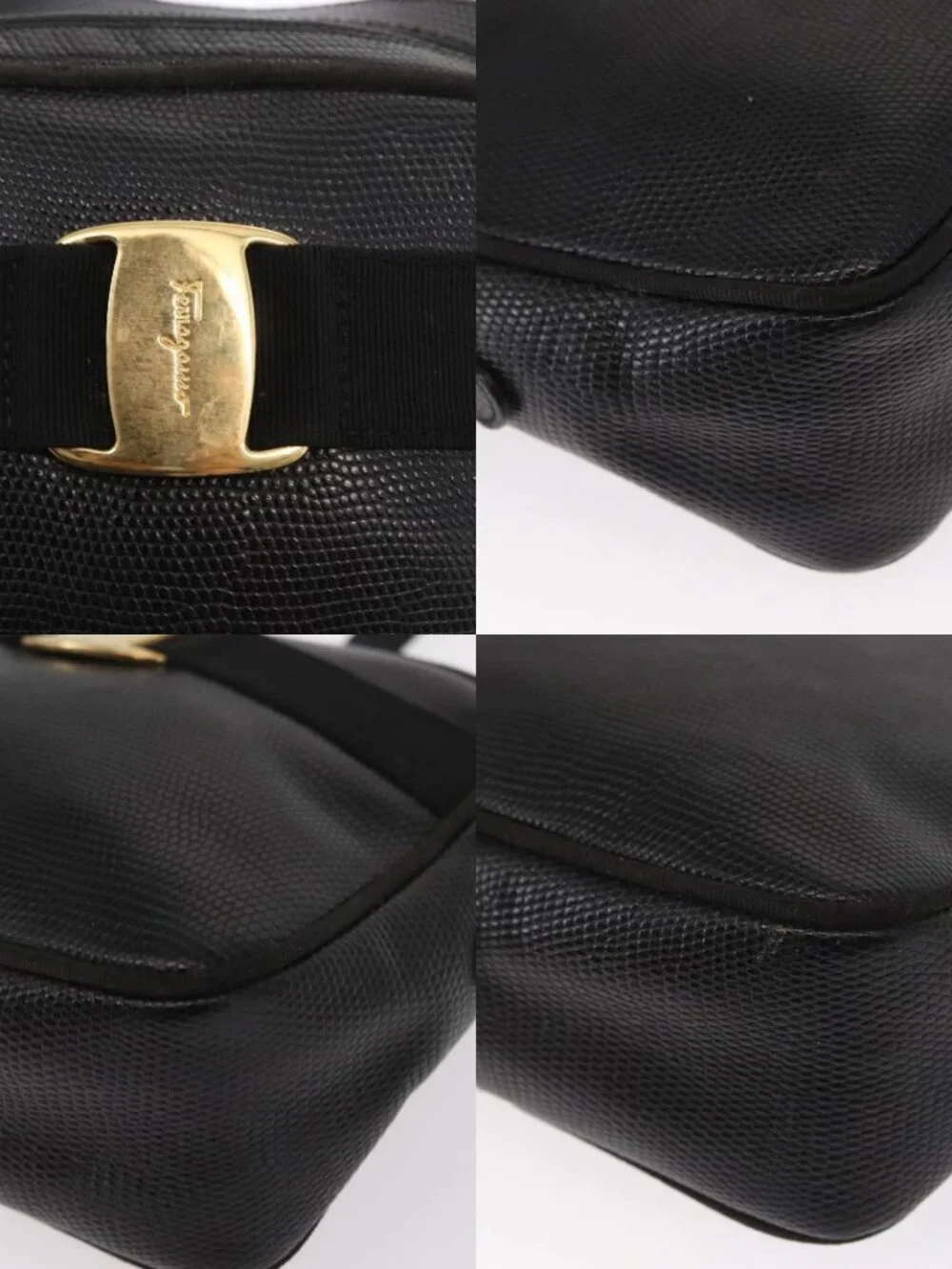 Salvatore Ferragamo Vala Shoulder Bag Leather Black Gold Auth gh1483